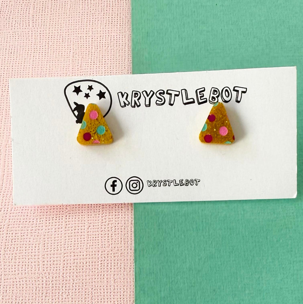 Yellow glitter spotted painted triangle studs, Teacher Gifts, Everyday earrings, Basic Studs