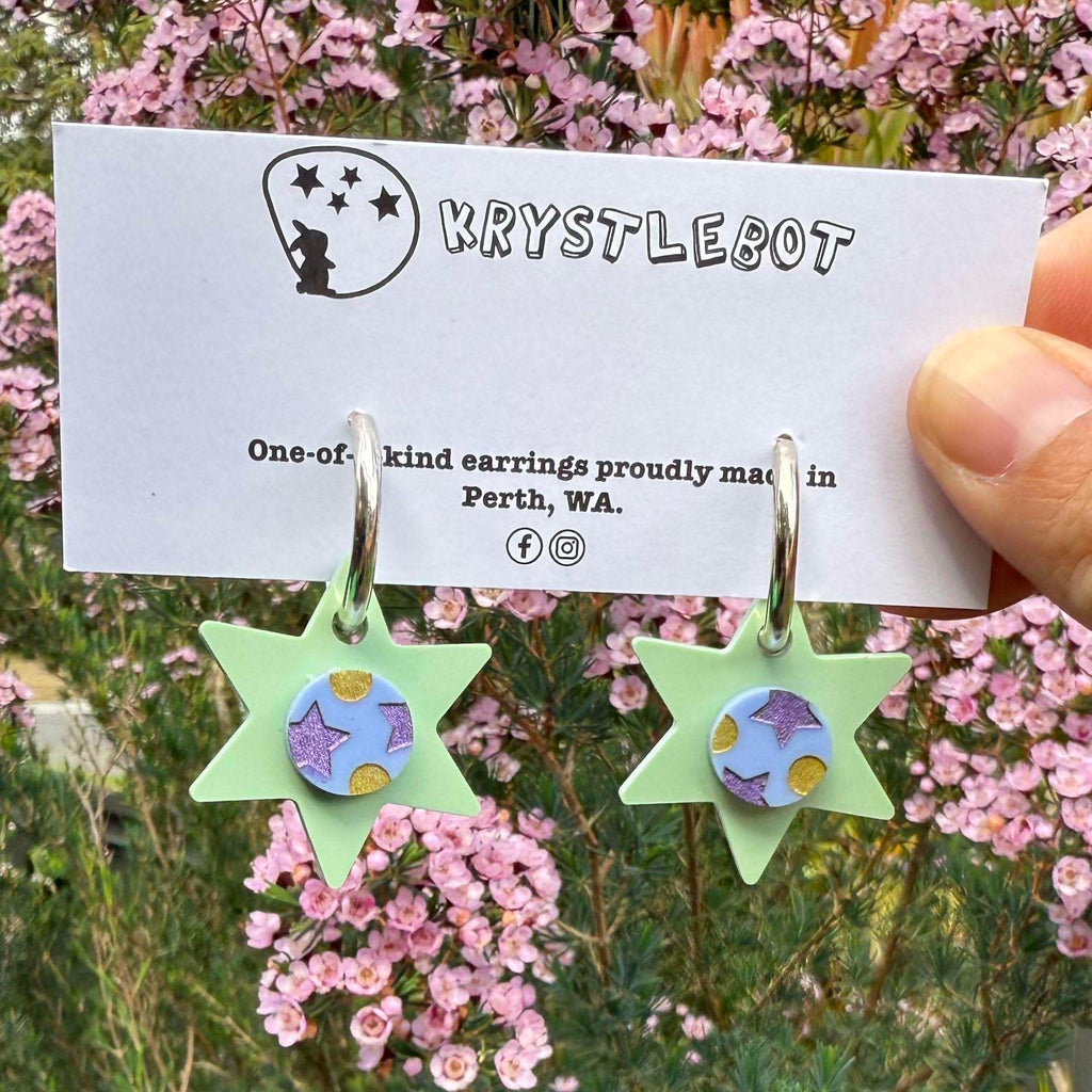 Sage Green, Blue, Gold and Purple Painted Star Huggie Hoop Square Earrings, Lightweight Acrylic Dangles, One-Off