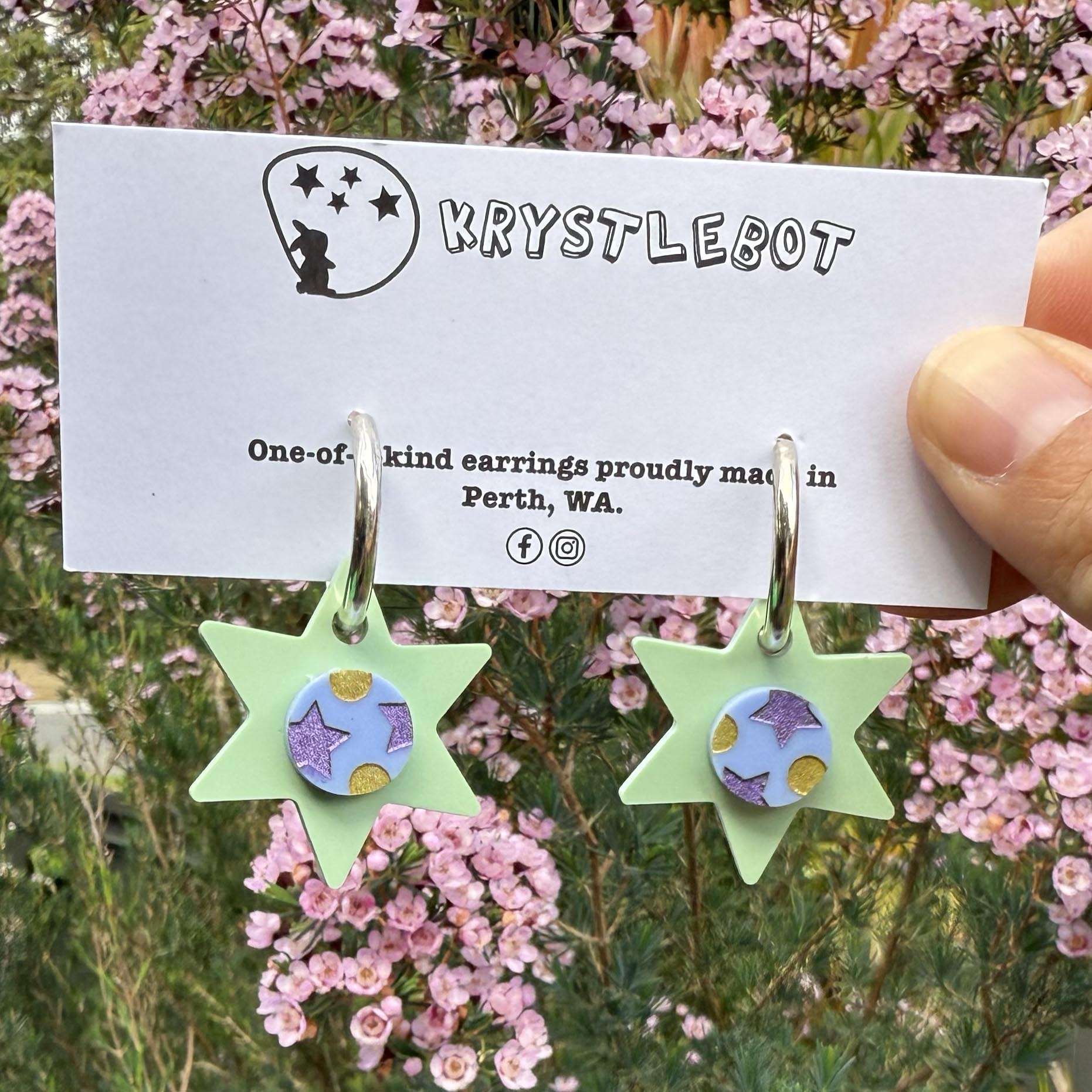 Sage Green, Blue, Gold and Purple Painted Star Huggie Hoop Square Earrings, Lightweight Acrylic Dangles, One-Off