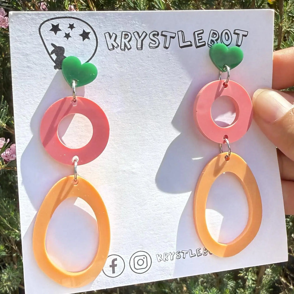 Green, orange and pink circle and large oval dangle earrings, Acrylic earrings, Lightweight dangles,Teacher Earrings