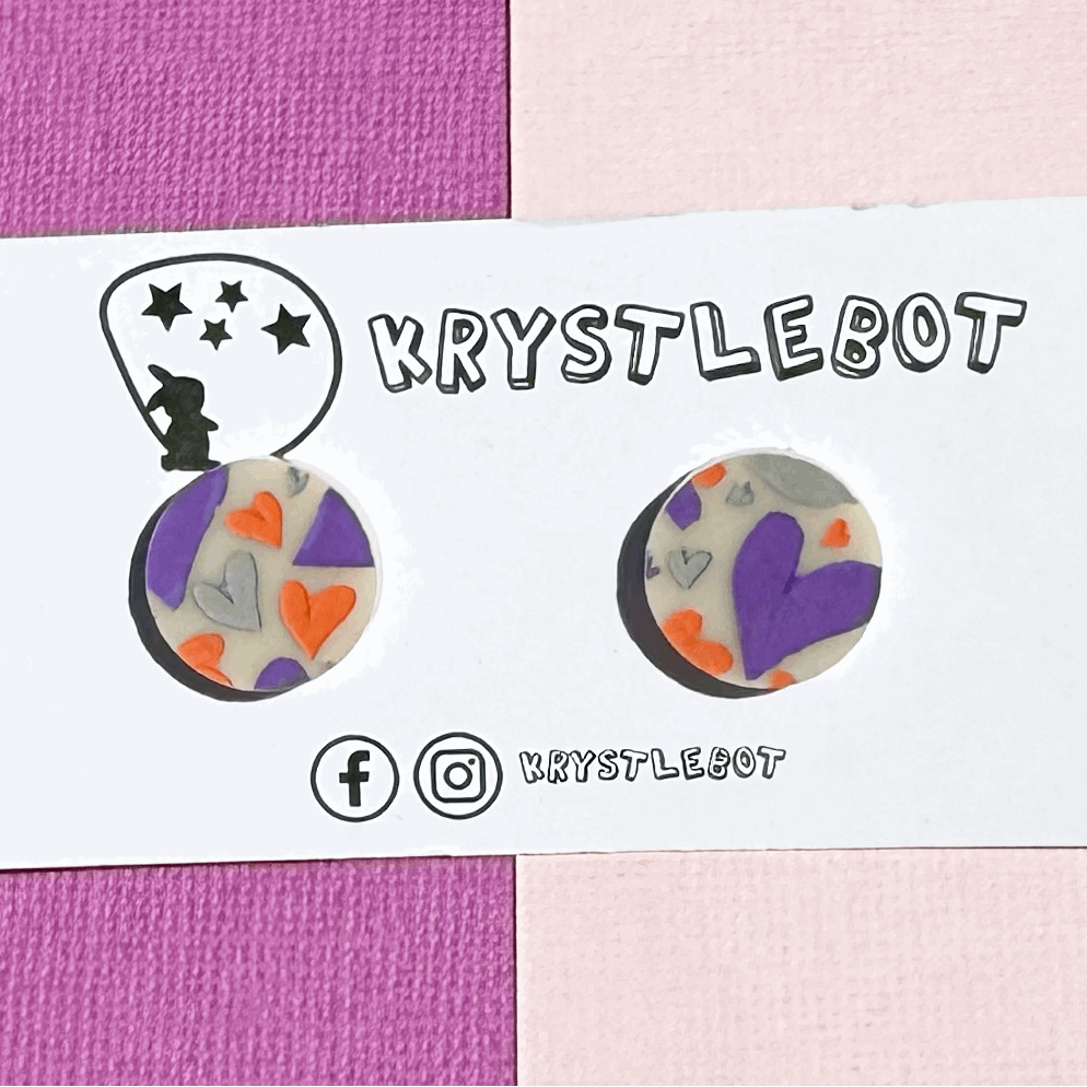 Heart pattern circle acrylic cream studs, hand painted in purple, orange and light grey. One-of-a-kind