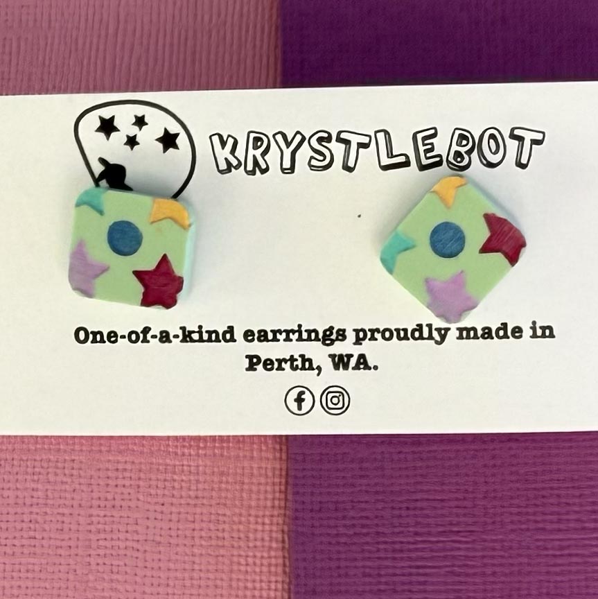 Mint green star and moons multi coloured hand painted square shaped acrylic earrings, one-of-a-kind, only one made like this