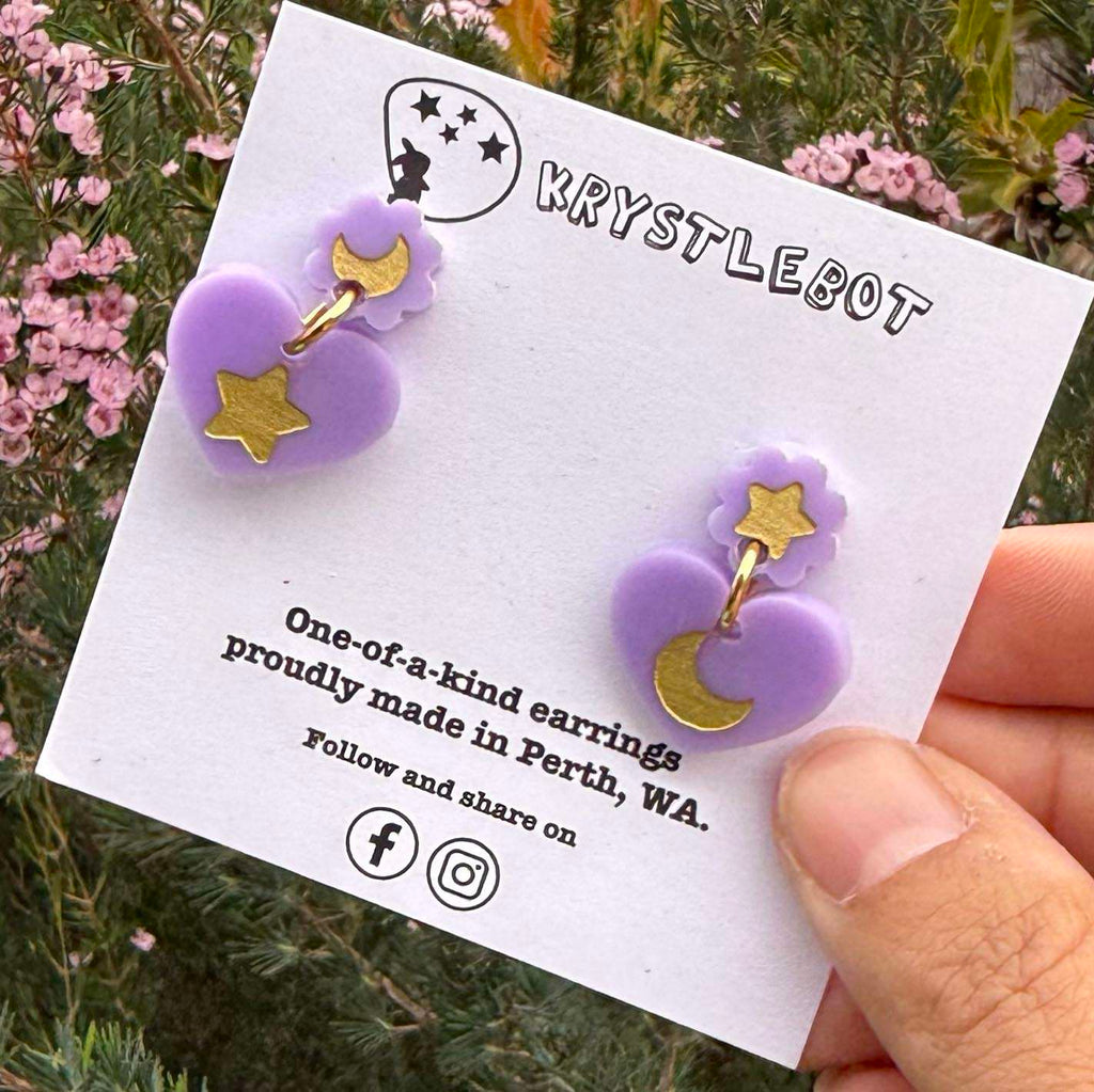 Purple star and moon mismatched Hand Painted heart Earrings, Lightweight Acrylic Dangles, One-Off