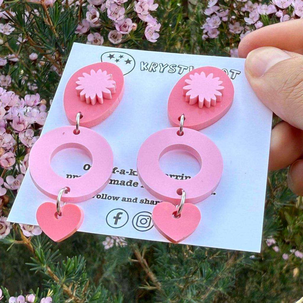 Two toned pink, oval and starburst dangles, Acrylic earrings, Lightweight dangles,Teacher Earrings