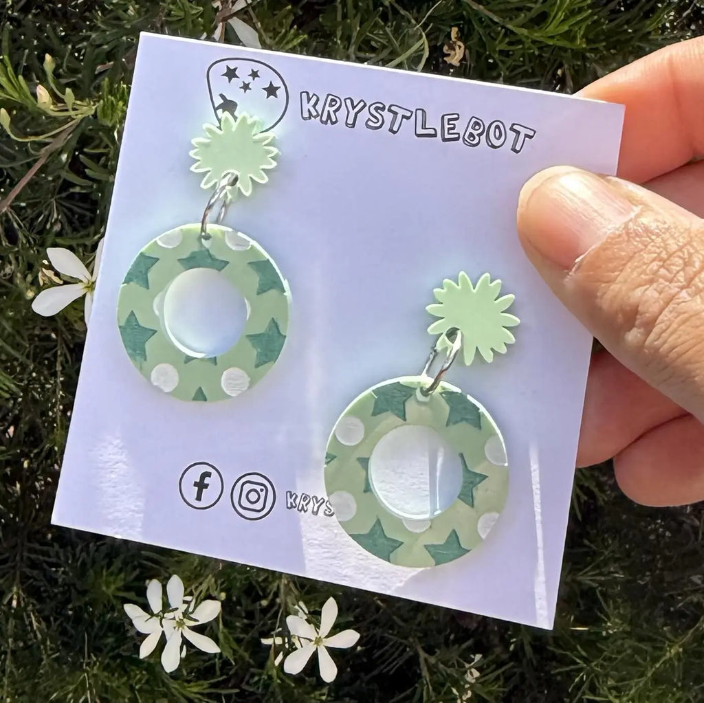 Green moon and star mismatched Dangles, Acrylic earrings, Lightweight dangles,Teacher Earrings