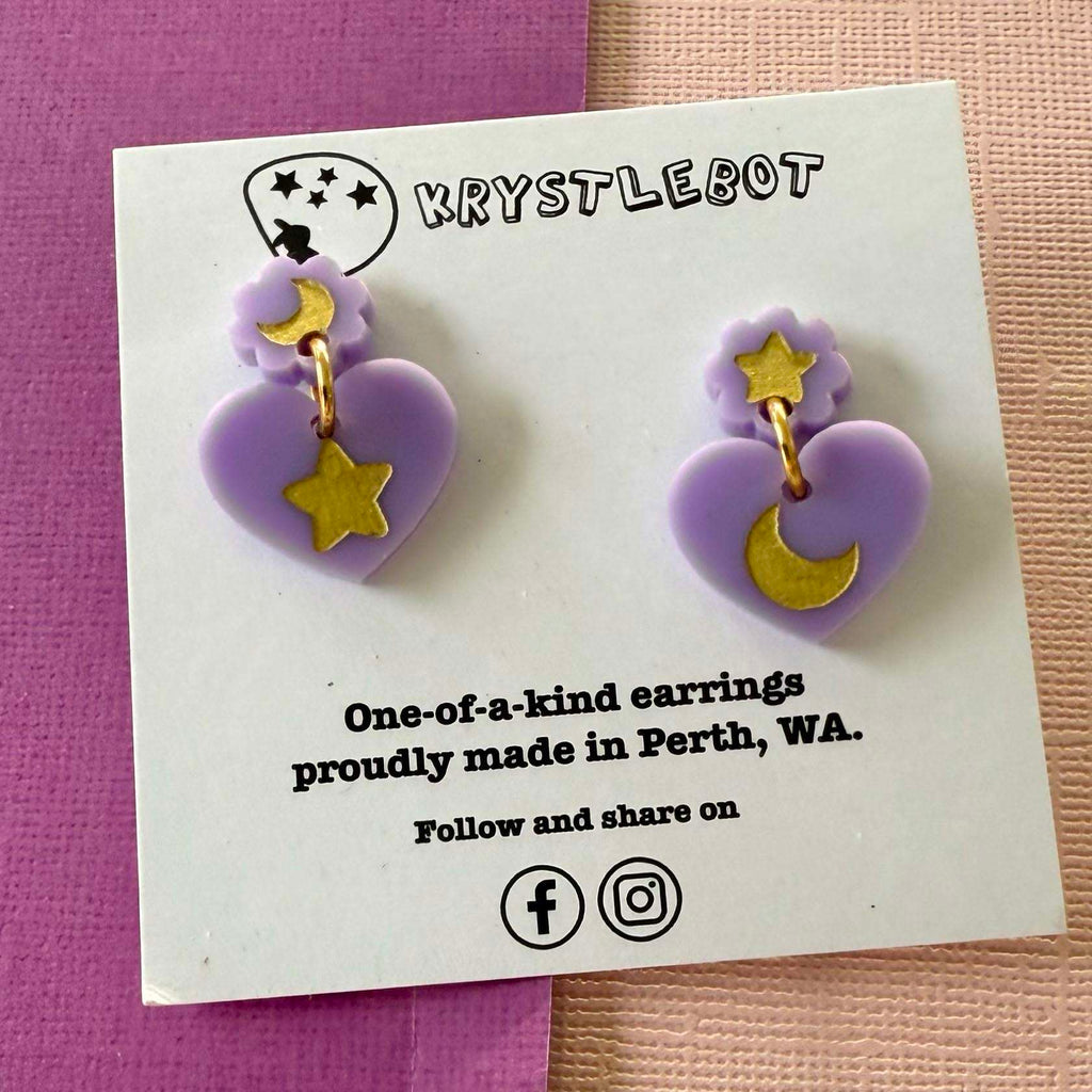 Purple star and moon mismatched Hand Painted heart Earrings, Lightweight Acrylic Dangles, One-Off