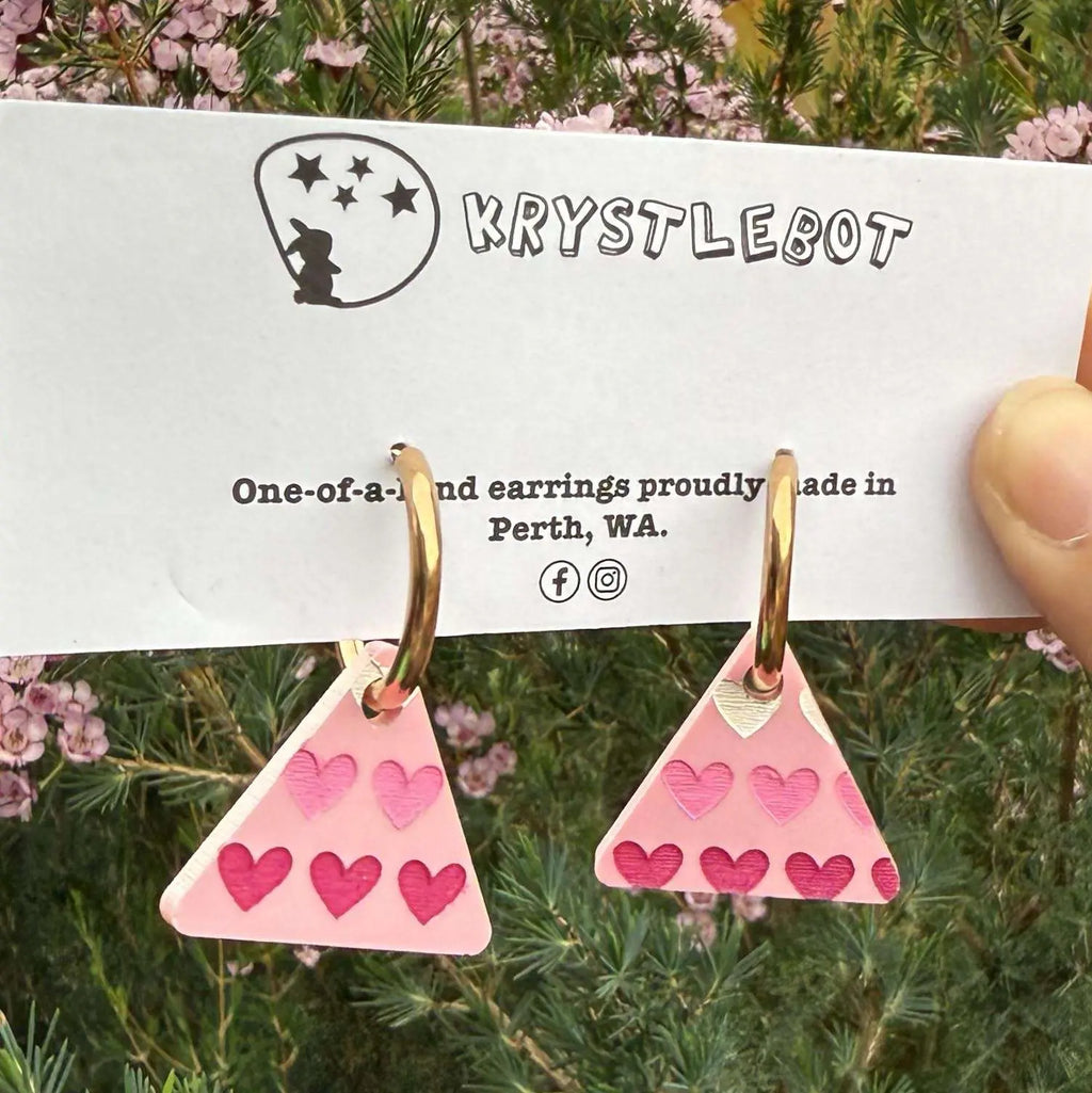 Pink Painted Heart Spots Huggie Hoop triangle Earrings, Lightweight Acrylic Dangles, One-Off