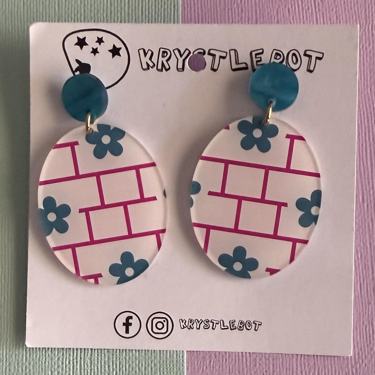 Blue and magenta abstract floral patterened dangles