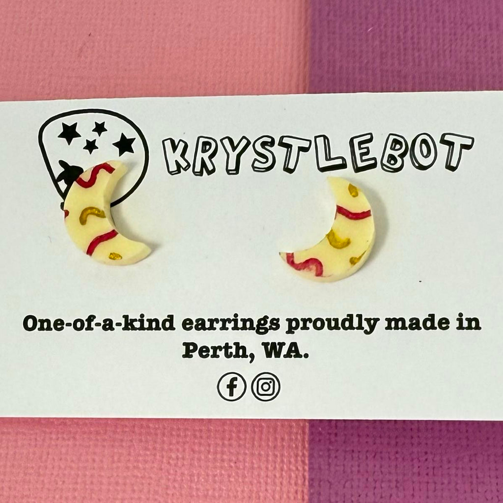 Yellow mini moon shaped squiggle hand painted acrylic earrings, one-of-a-kind, only one made like this