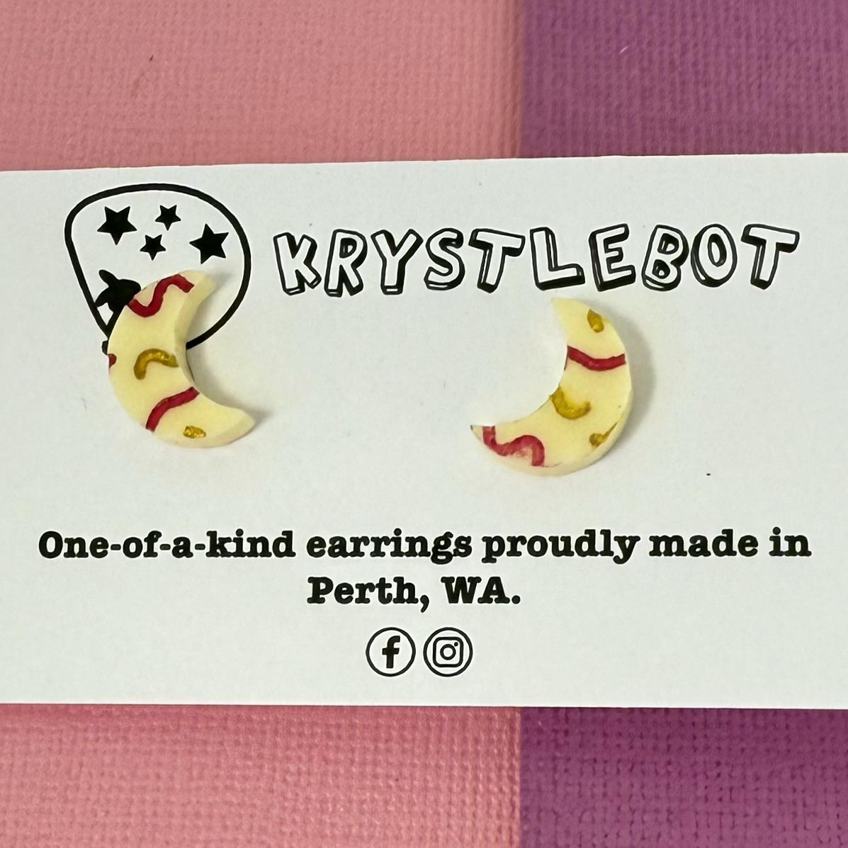 Yellow mini moon shaped squiggle hand painted acrylic earrings, one-of-a-kind, only one made like this