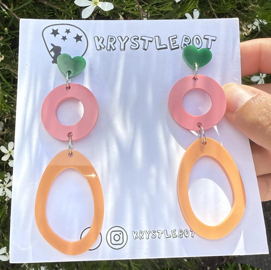 Green, orange and pink circle and large oval dangle earrings, Acrylic earrings, Lightweight dangles,Teacher Earrings