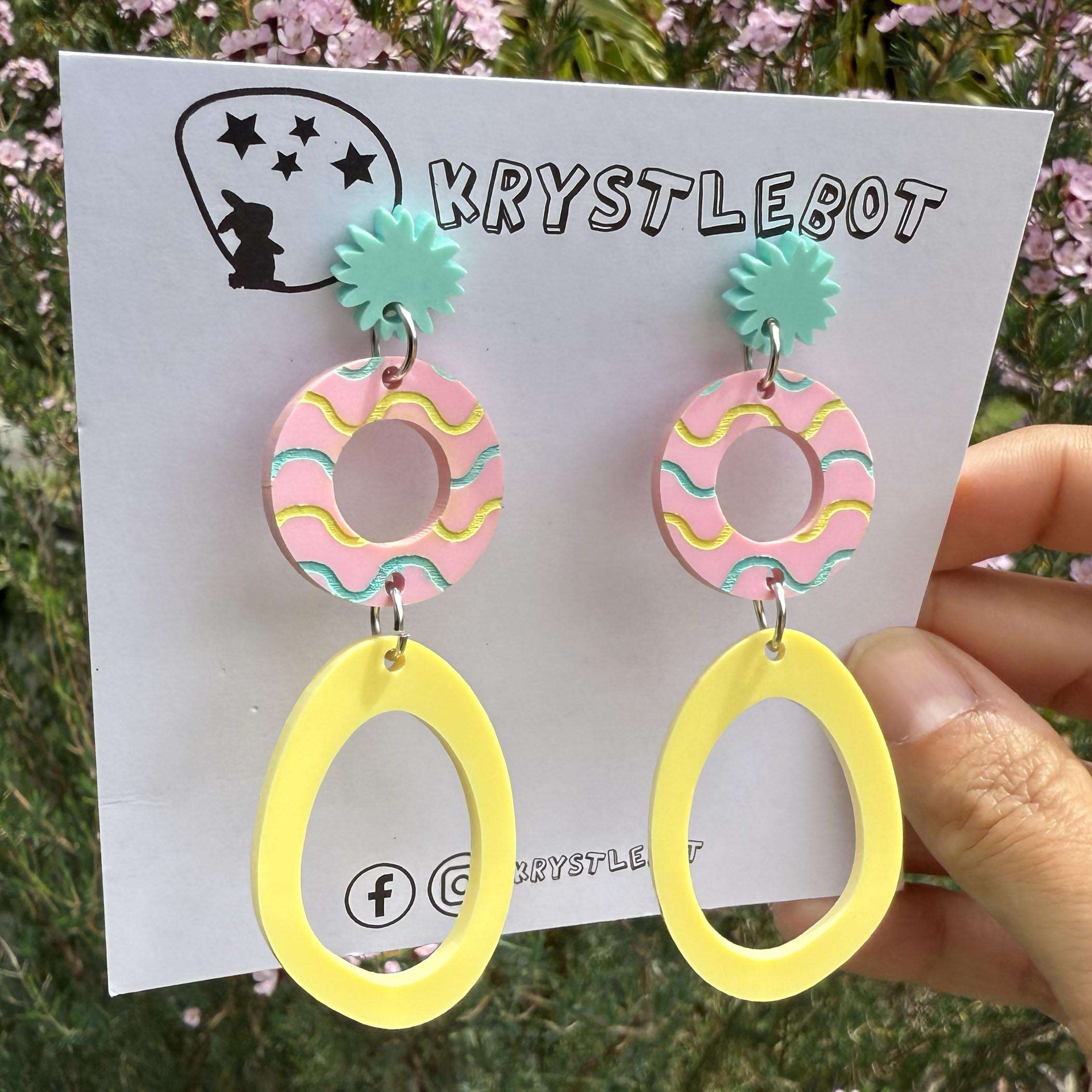 Spearmint green, pink and yellow circle and large oval dangle earrings with wave patterned painted centre, Acrylic earrings, Lightweight dangles,Teacher Earrings