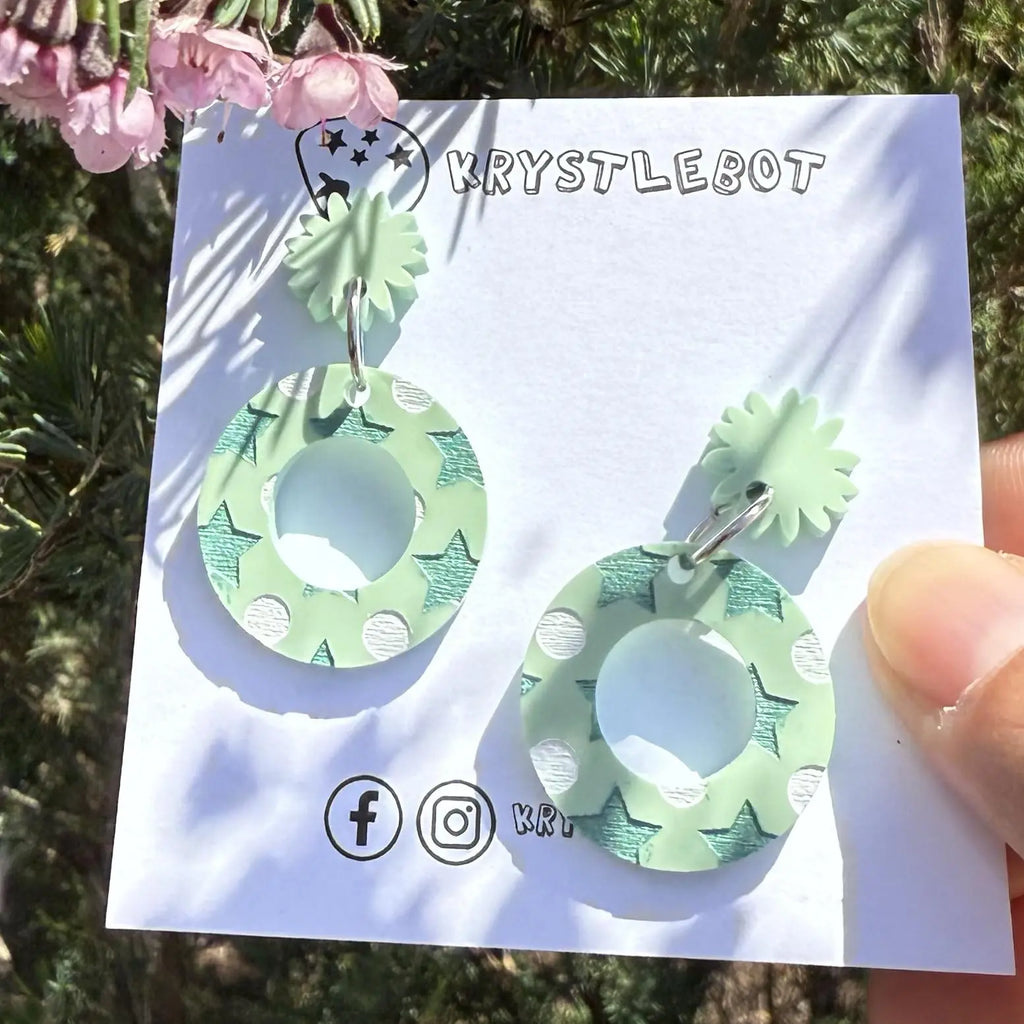 Green moon and star mismatched Dangles, Acrylic earrings, Lightweight dangles,Teacher Earrings