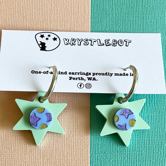 Sage Green, Blue, Gold and Purple Painted Star Huggie Hoop Square Earrings, Lightweight Acrylic Dangles, One-Off (Copy)
