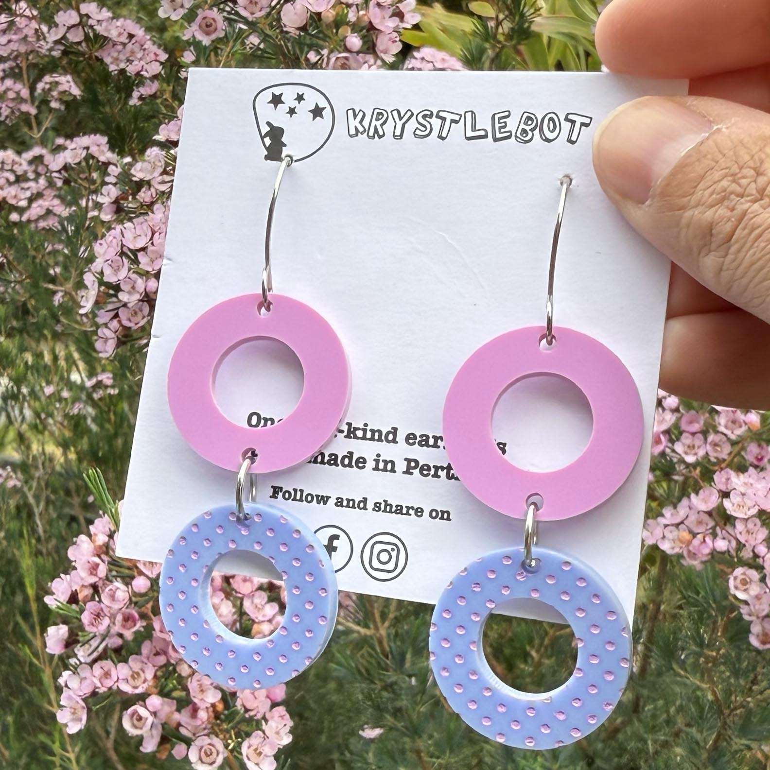 Lavender Purple and Blueberry Blue Painted Circle Hook Dangles, Acrylic earrings, Lightweight dangles,Teacher Earrings