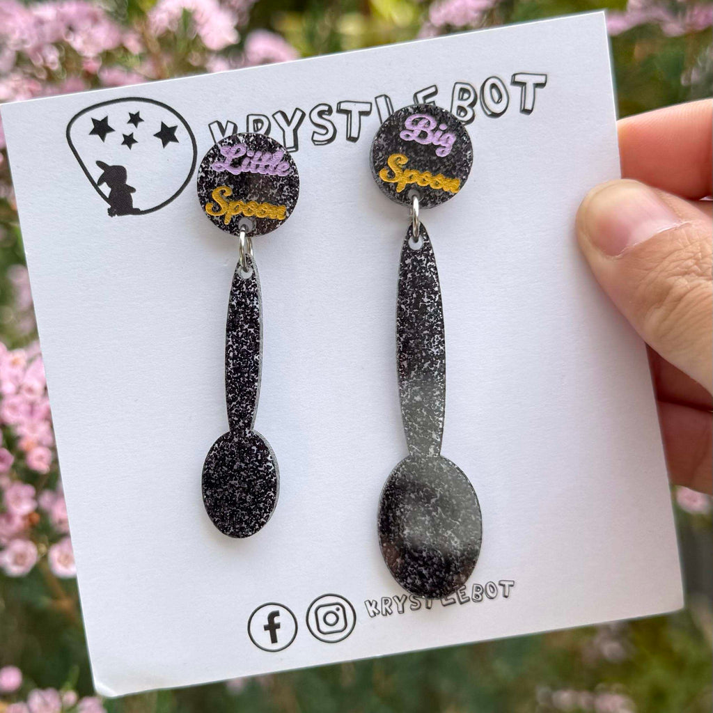 Big spoon little spoon dangles, peach and lavender, mismatched earrings, hand painted dangles, Valentines Earrings, Love Dangles