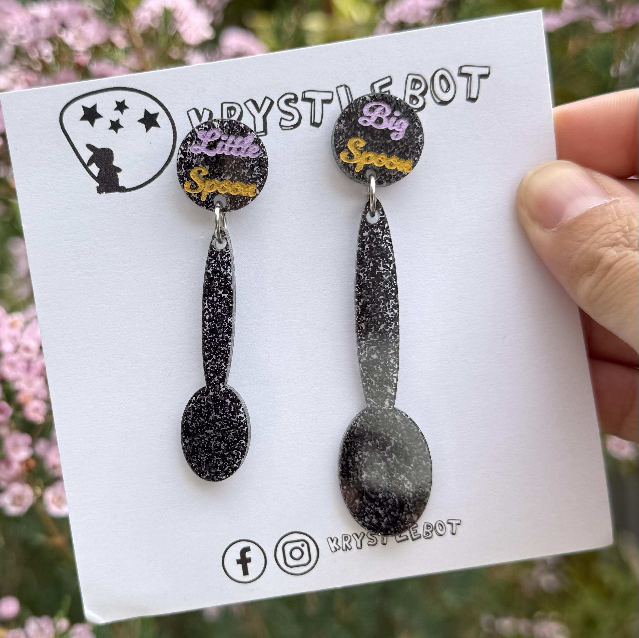 Big spoon little spoon dangles, peach and lavender, mismatched earrings, hand painted dangles, Valentines Earrings, Love Dangles