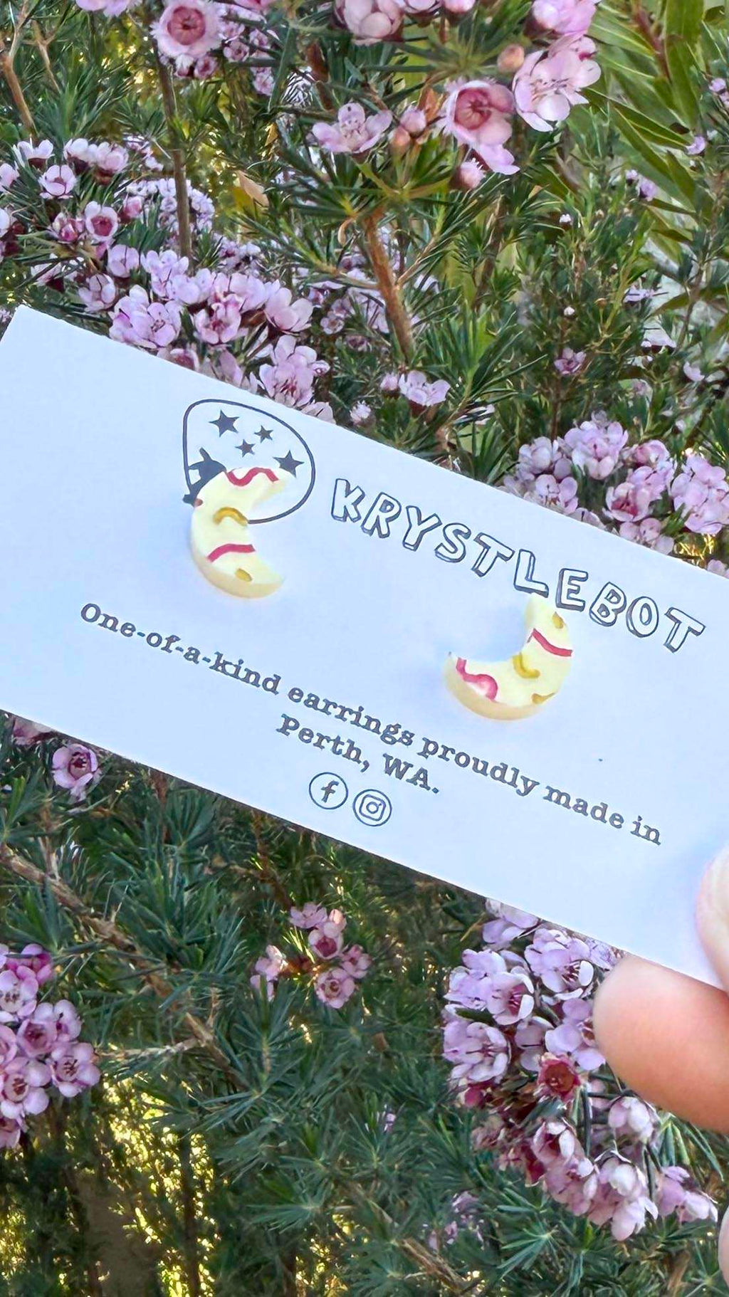 Yellow mini moon shaped squiggle hand painted acrylic earrings, one-of-a-kind, only one made like this