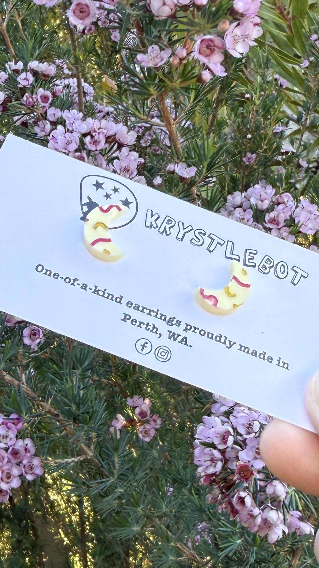 Yellow mini moon shaped squiggle hand painted acrylic earrings, one-of-a-kind, only one made like this