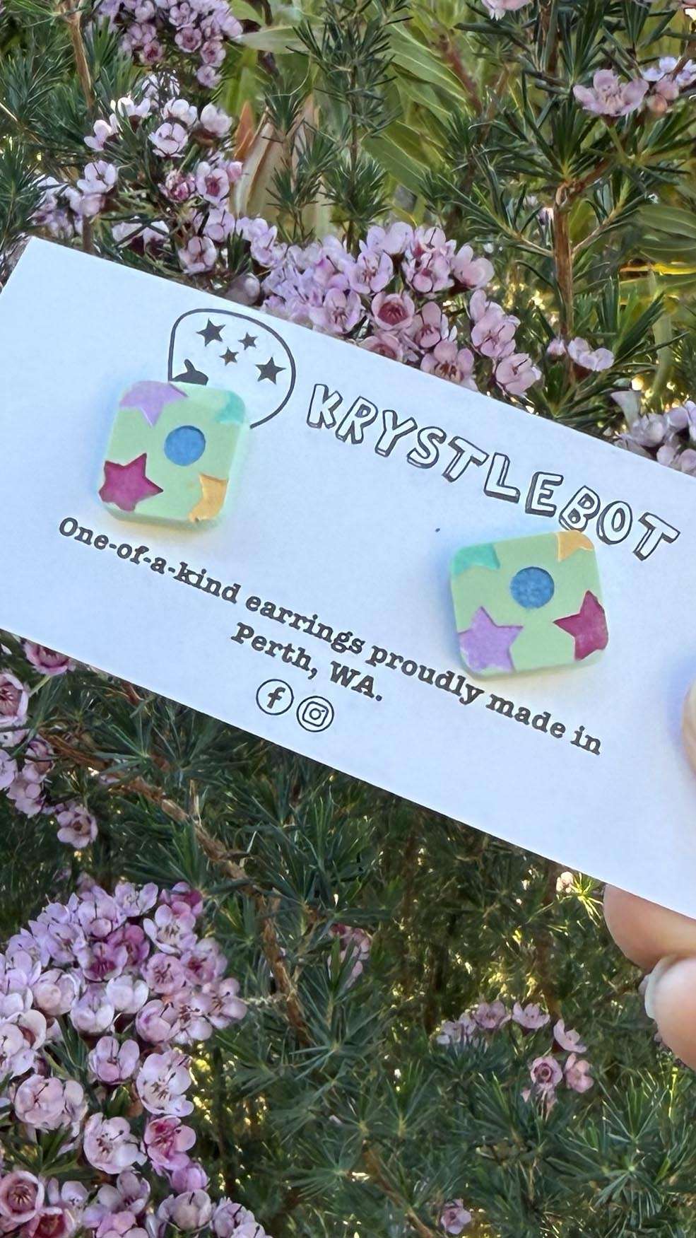 Mint green star and moons multi coloured hand painted square shaped acrylic earrings, one-of-a-kind, only one made like this