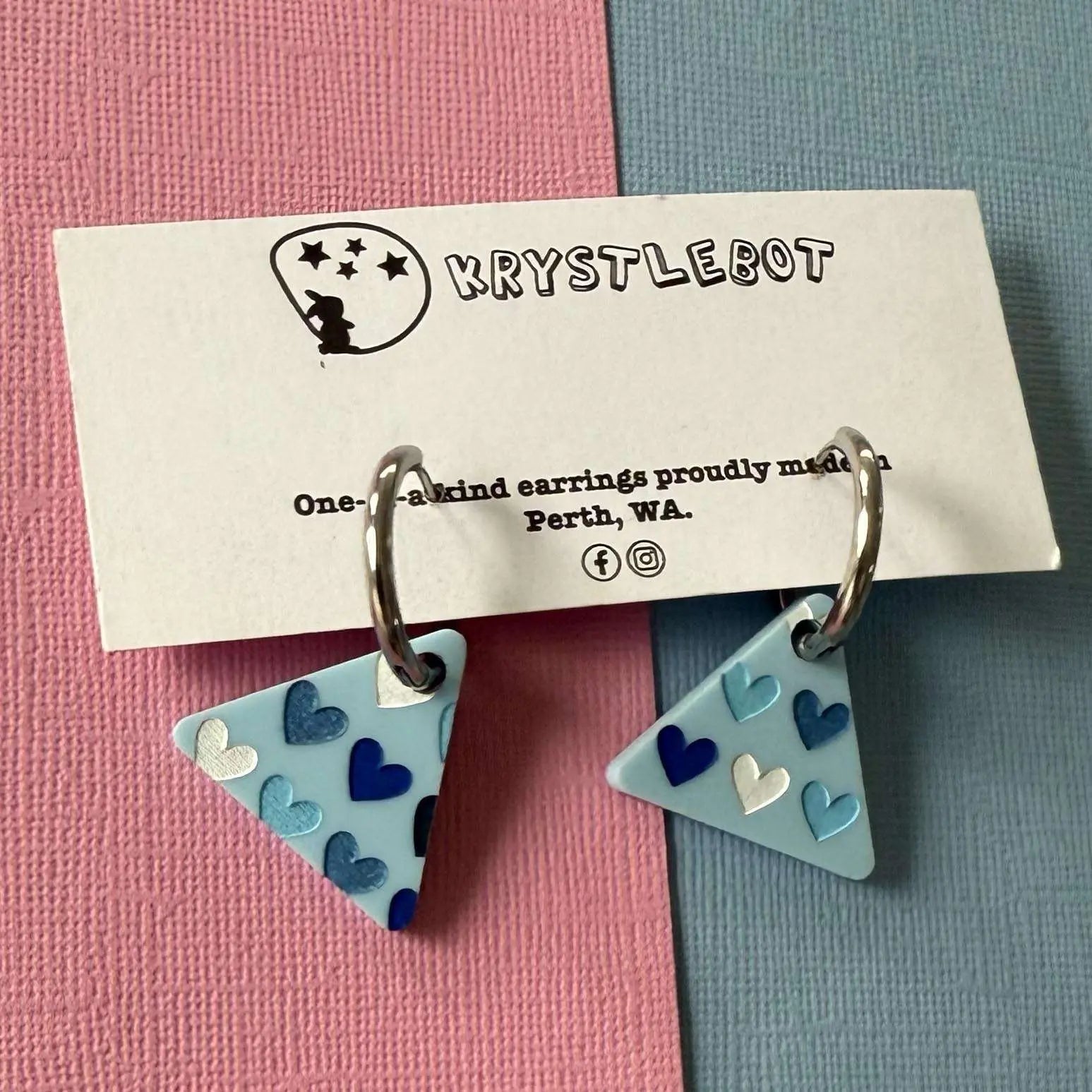 Blue Painted Heart Spots Huggie Hoop triangle Earrings, Lightweight Acrylic Dangles, One-Off