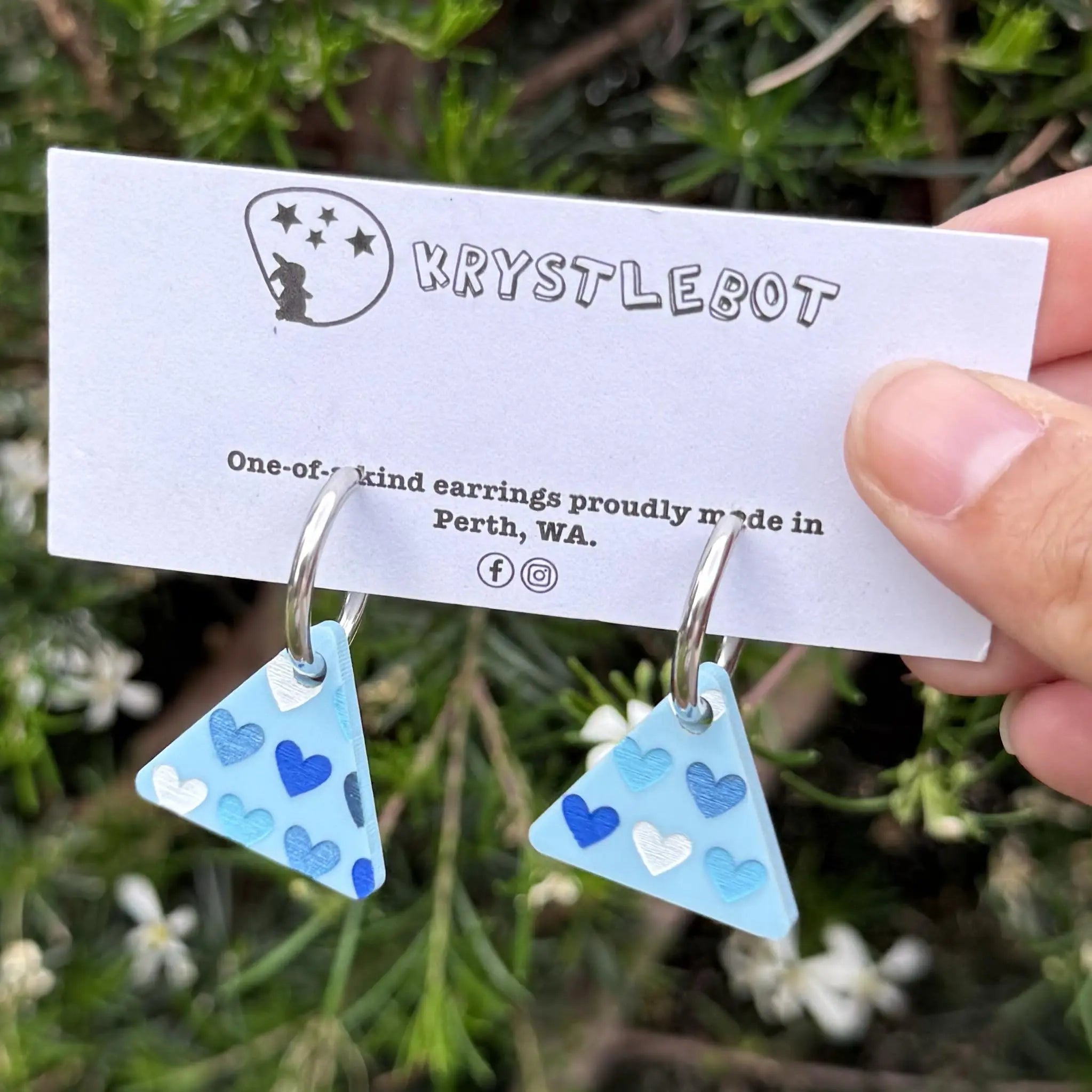 Blue Painted Heart Spots Huggie Hoop triangle Earrings, Lightweight Acrylic Dangles, One-Off