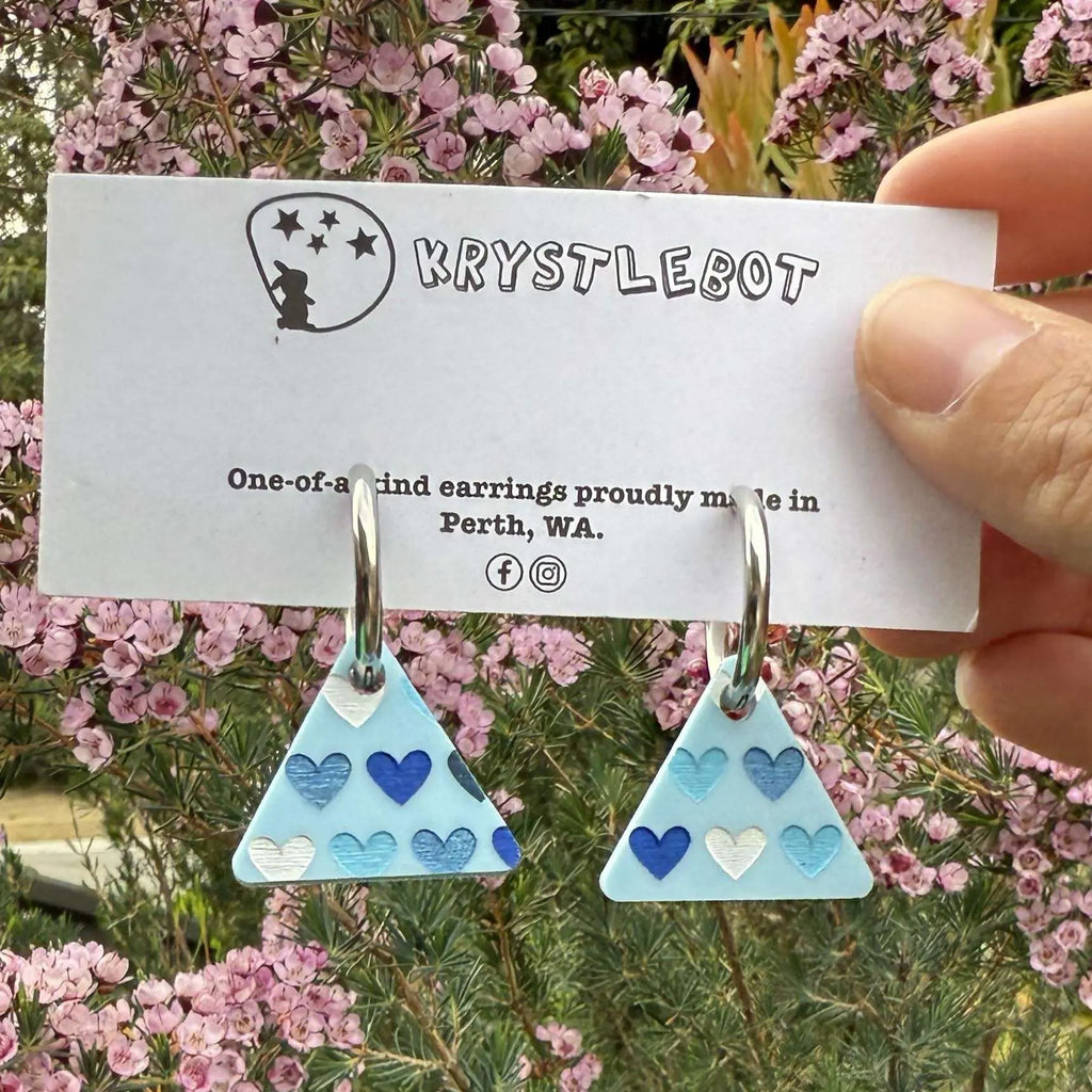 Blue Painted Heart Spots Huggie Hoop triangle Earrings, Lightweight Acrylic Dangles, One-Off