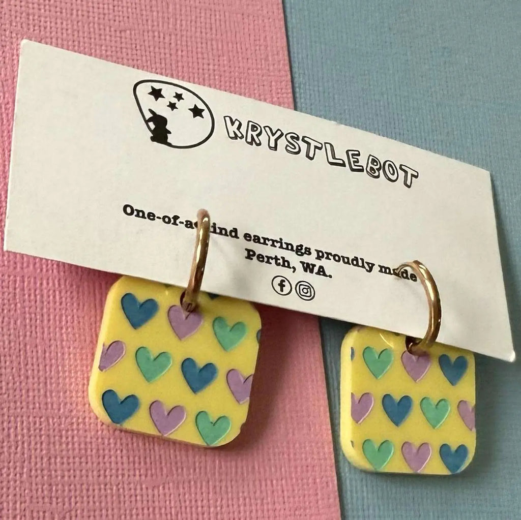 Yellow Painted Heart Huggie Hoop Square Earrings, Lightweight Acrylic Dangles, One-Off