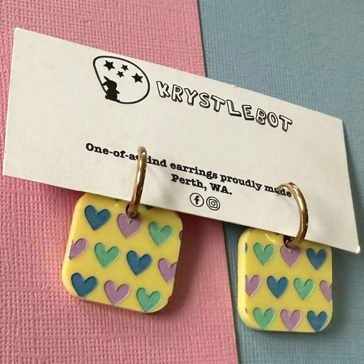 Yellow Painted Heart Huggie Hoop Square Earrings, Lightweight Acrylic Dangles, One-Off