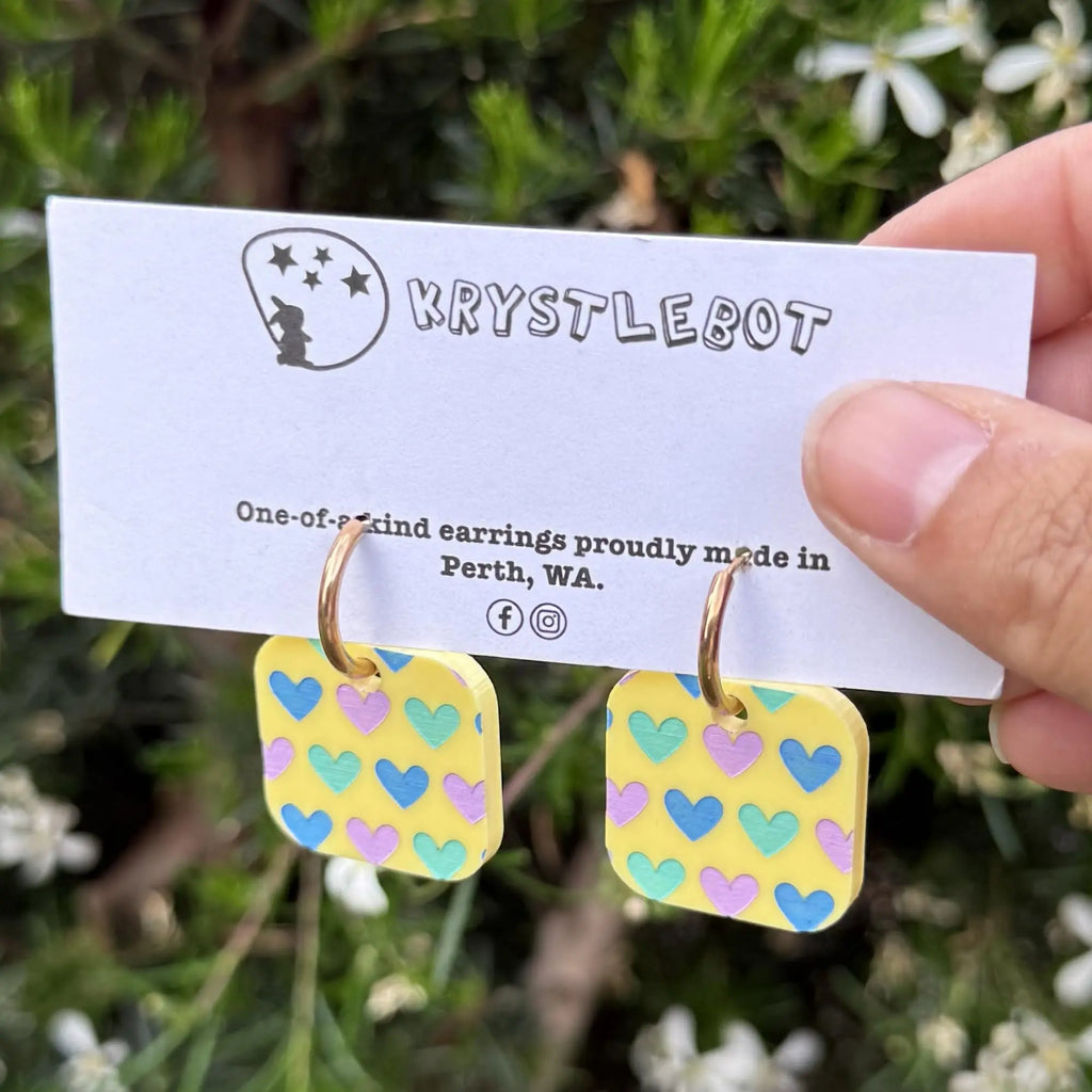 Yellow Painted Heart Huggie Hoop Square Earrings, Lightweight Acrylic Dangles, One-Off