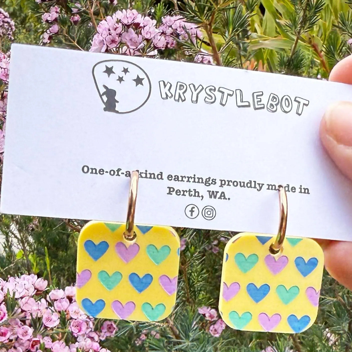 Yellow Painted Heart Huggie Hoop Square Earrings, Lightweight Acrylic Dangles, One-Off