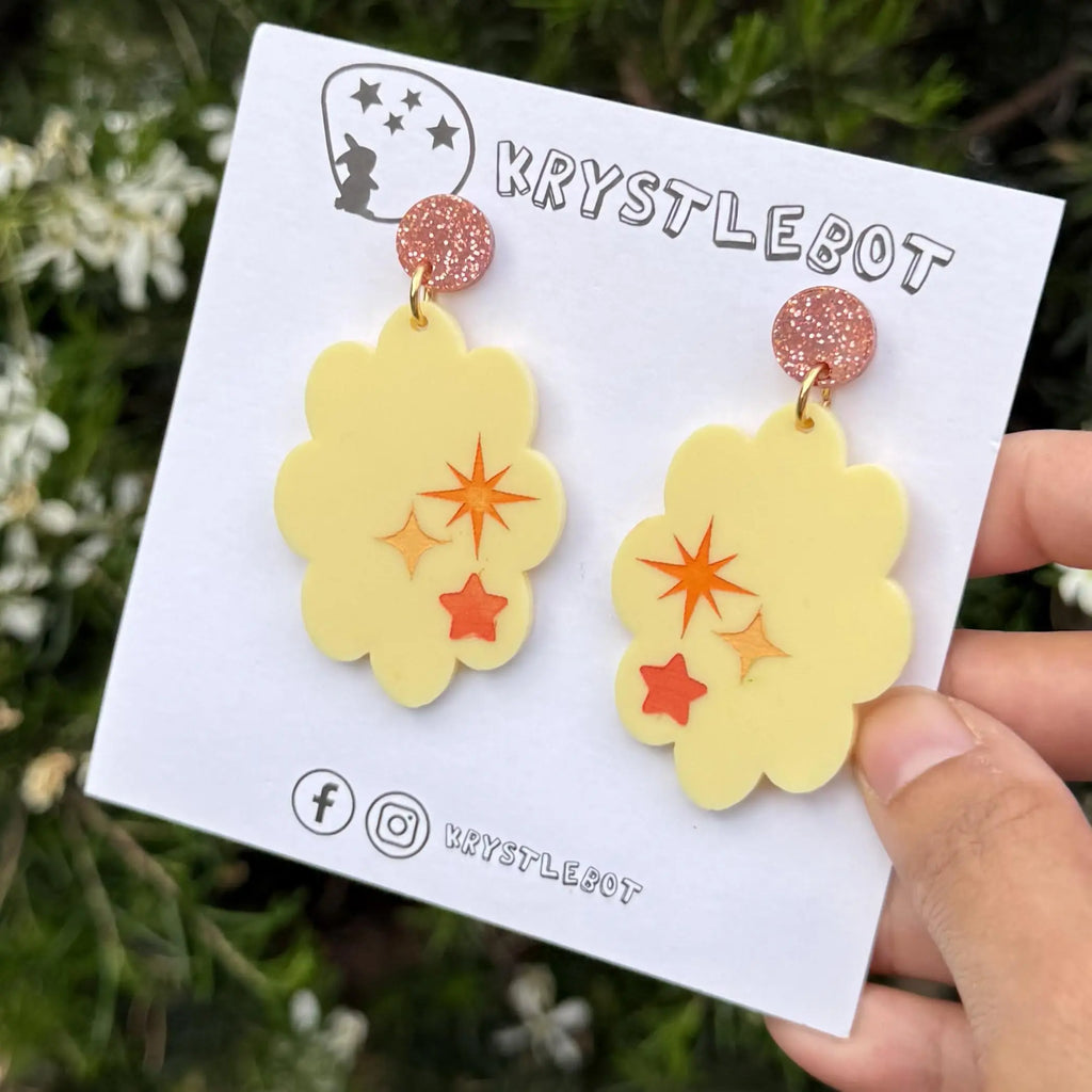 Yellow star trio Inspired Hand Painted Flower Cloud Burst Earrings, Lightweight Acrylic Dangles, One-Off Etsy