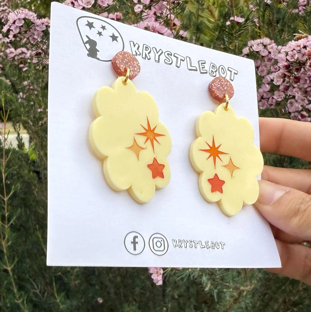 Yellow star trio Inspired Hand Painted Flower Cloud Burst Earrings, Lightweight Acrylic Dangles, One-Off Etsy