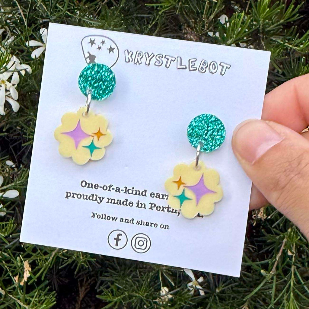 Yellow star trio Hand Painted Earrings, Lightweight Acrylic Dangles, One-Off