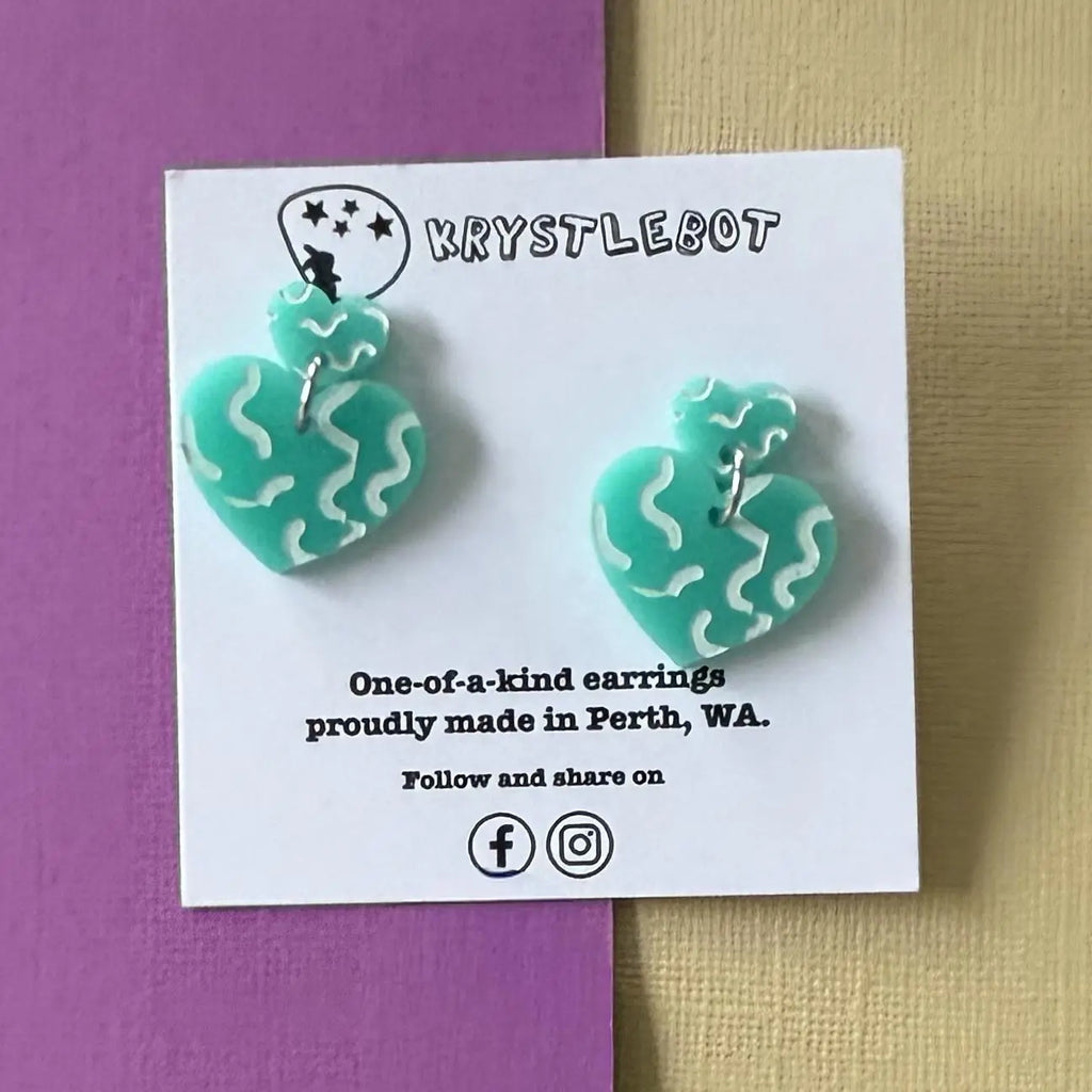 Green squiggle Hand Painted heart Earrings, Lightweight Acrylic Dangles, One-Off