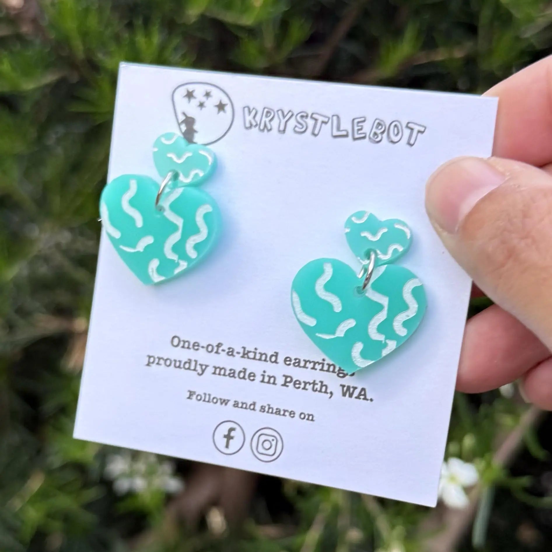 Green squiggle Hand Painted heart Earrings, Lightweight Acrylic Dangles, One-Off