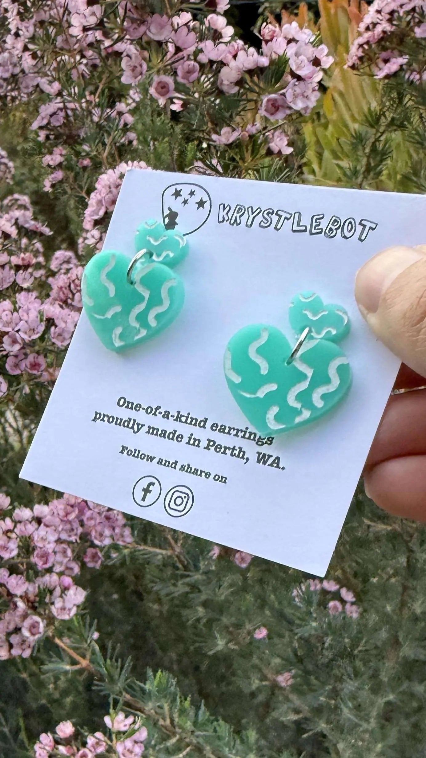 Green squiggle Hand Painted heart Earrings, Lightweight Acrylic Dangles, One-Off