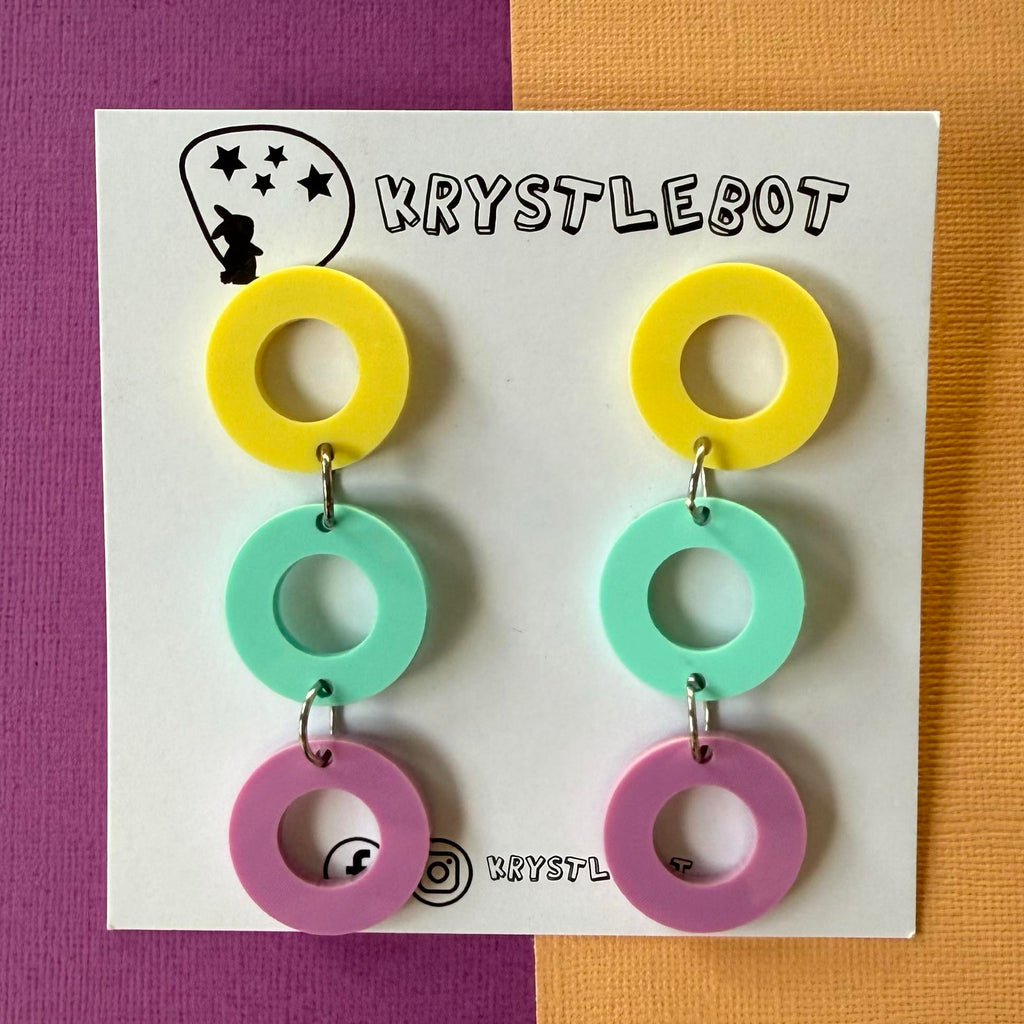 Yellow, mint and purple trio Circle Dangles, Acrylic earrings, Lightweight dangles,Teacher Earrings