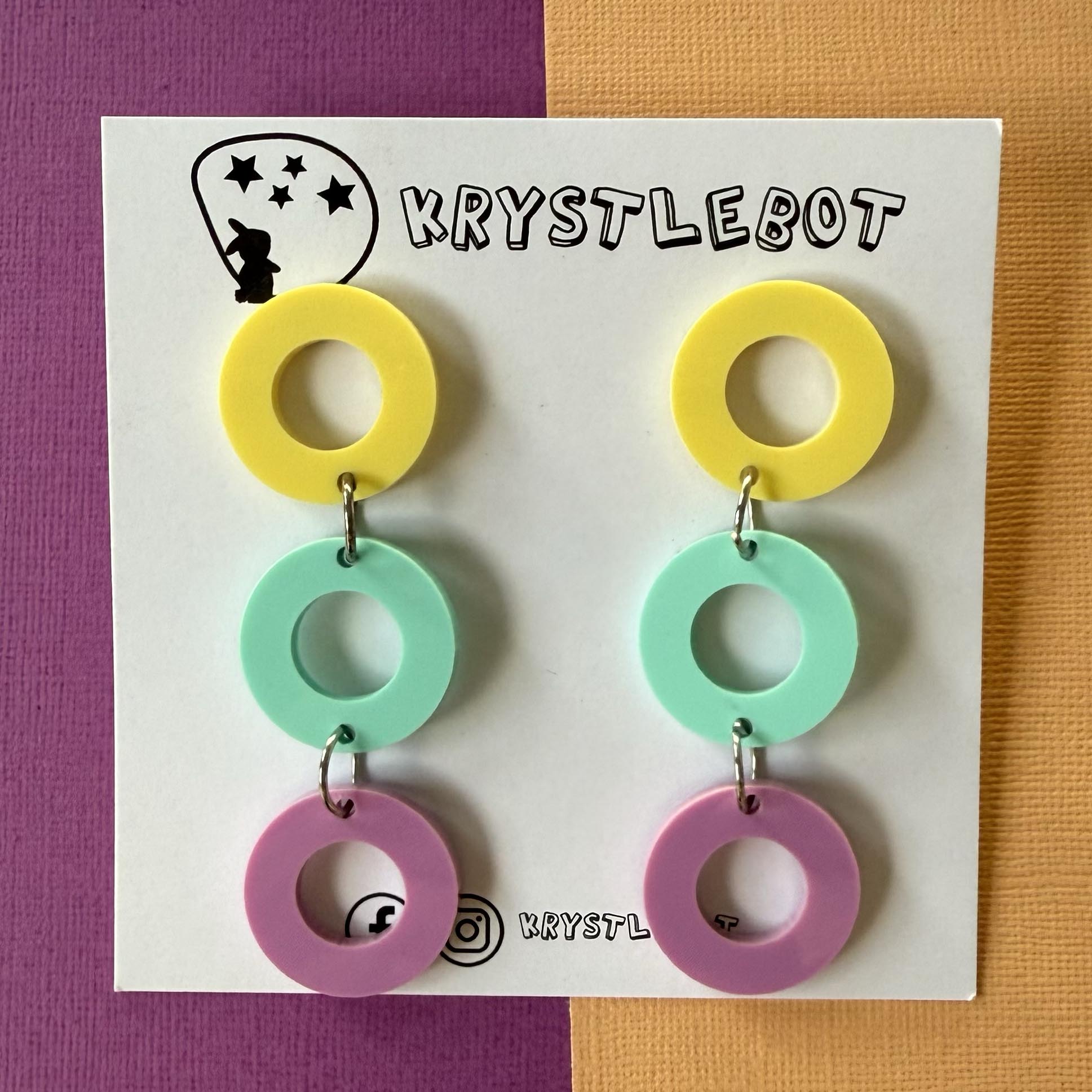 Yellow, mint and purple trio Circle Dangles, Acrylic earrings, Lightweight dangles,Teacher Earrings