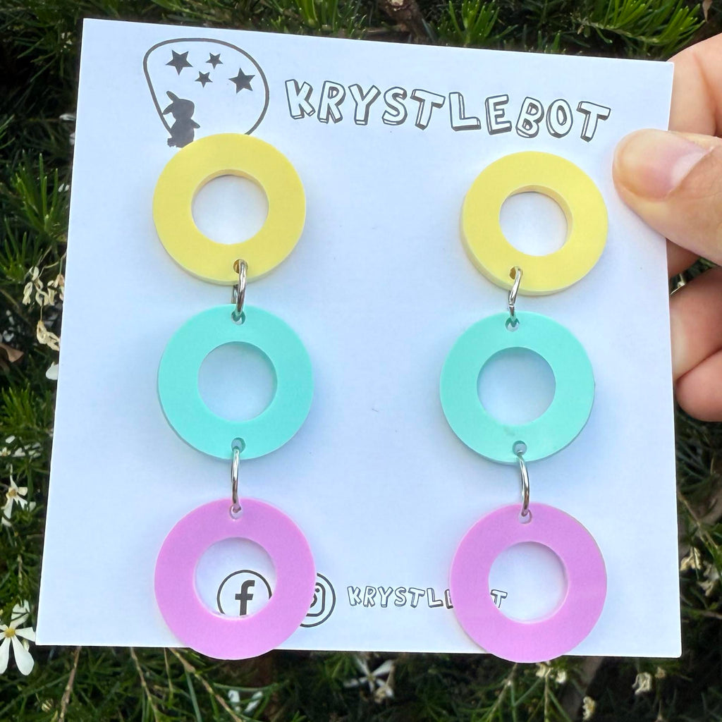 Yellow, mint and purple trio Circle Dangles, Acrylic earrings, Lightweight dangles,Teacher Earrings
