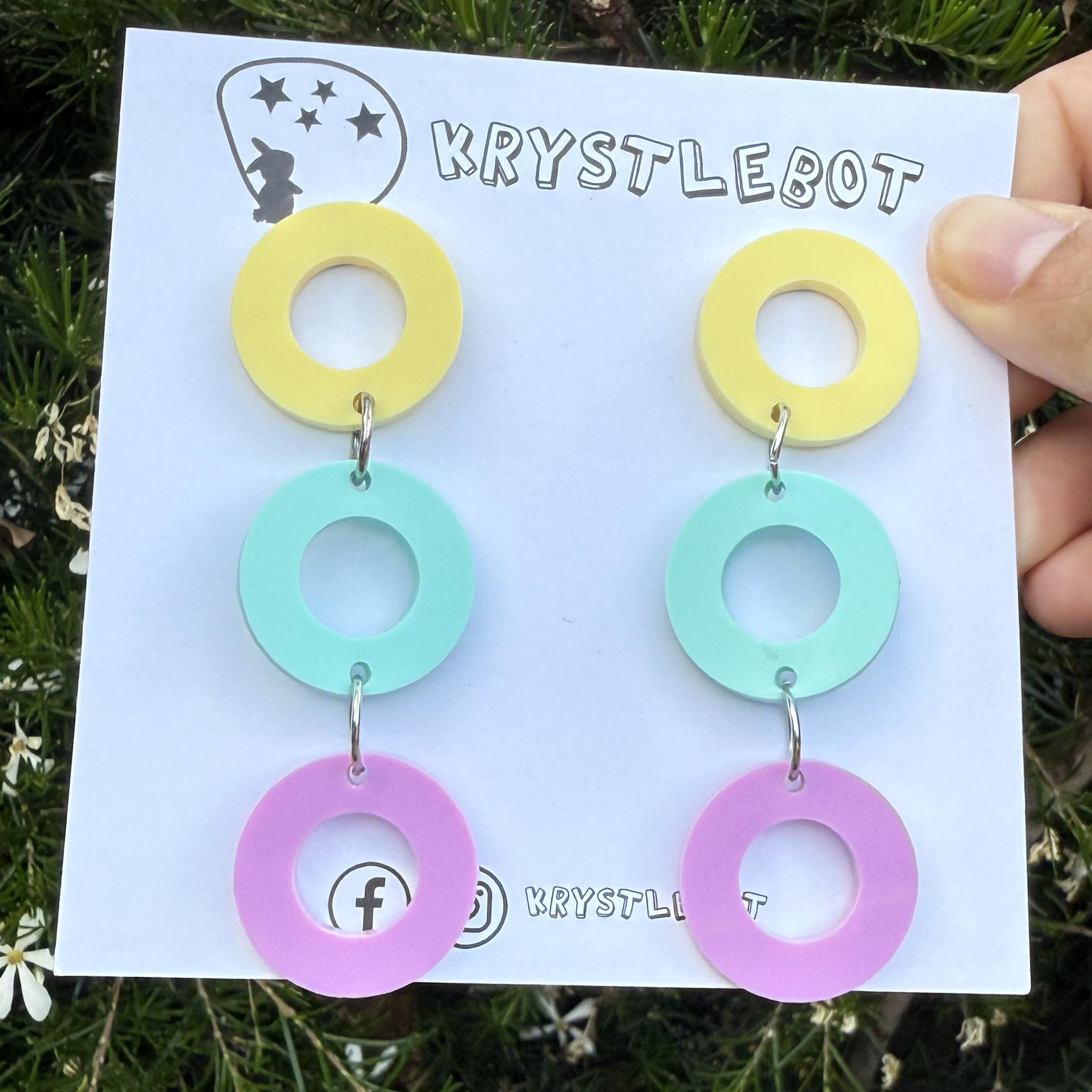 Yellow, mint and purple trio Circle Dangles, Acrylic earrings, Lightweight dangles,Teacher Earrings