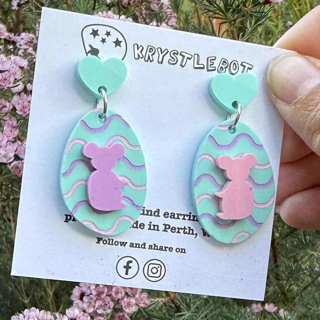 Koala Dangles, Mint Green, Purple and Pink wave Hand Painted Oval Earrings, Lightweight Acrylic Dangles, One-Off