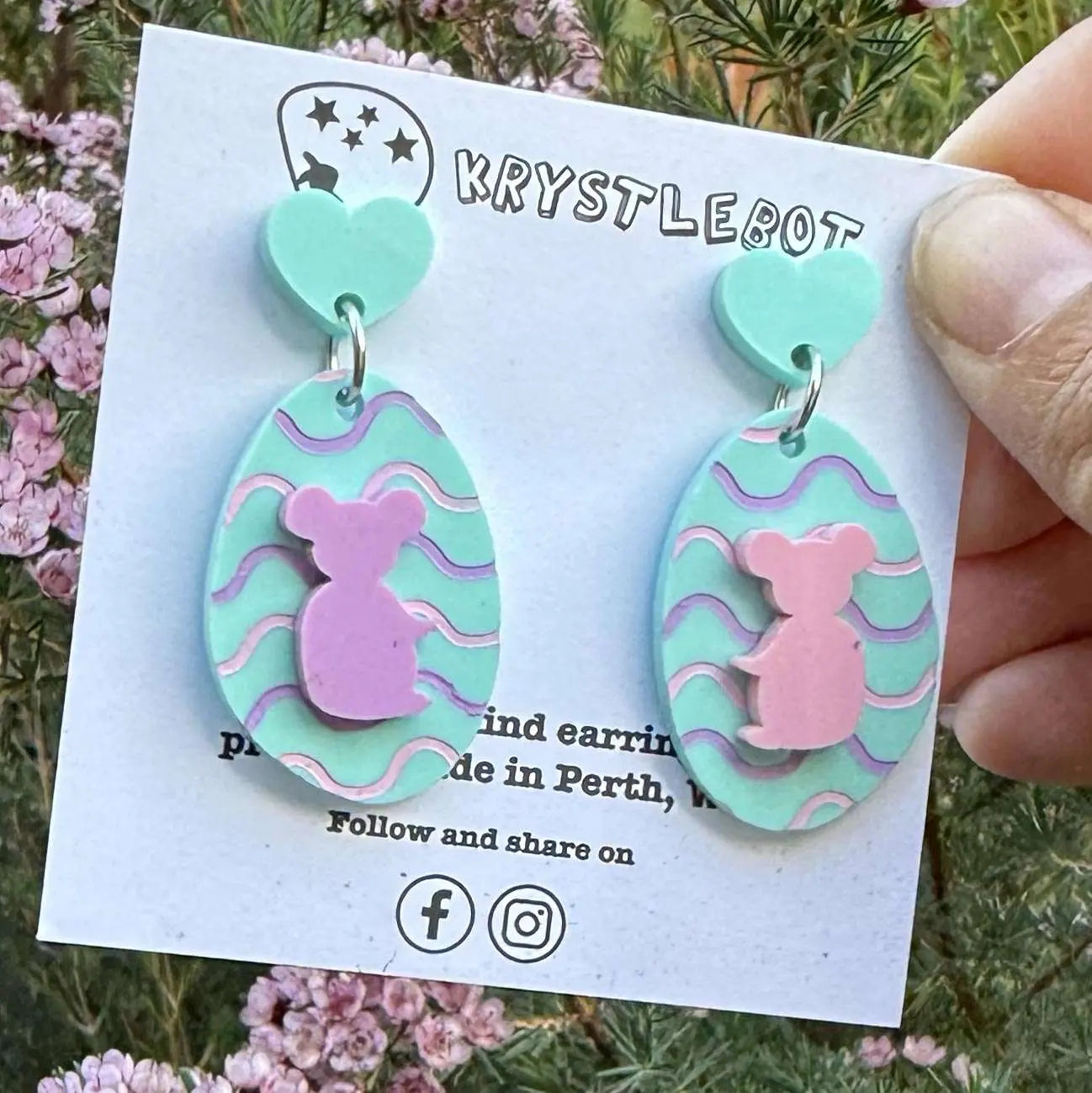 Koala Dangles, Mint Green, Purple and Pink wave Hand Painted Oval Earrings, Lightweight Acrylic Dangles, One-Off