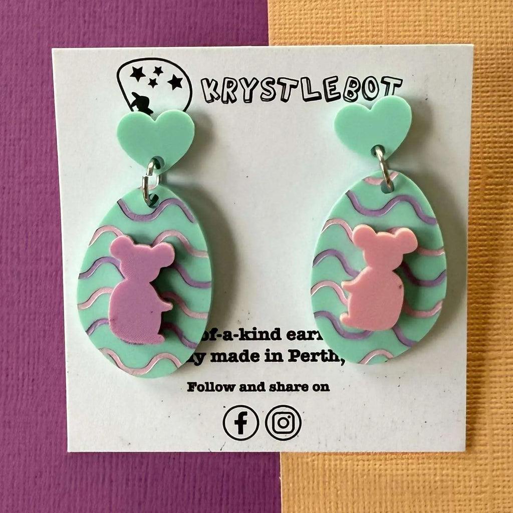 Koala Dangles, Mint Green, Purple and Pink wave Hand Painted Oval Earrings, Lightweight Acrylic Dangles, One-Off