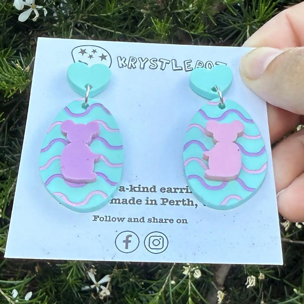 Koala Dangles, Mint Green, Purple and Pink wave Hand Painted Oval Earrings, Lightweight Acrylic Dangles, One-Off