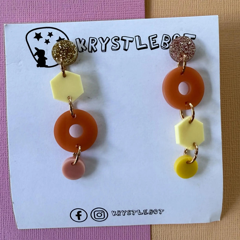 Orange and yellow mismatched shape dangles, mini heart dangles, acrylic earrings, teacher earrings, lightweight dangles