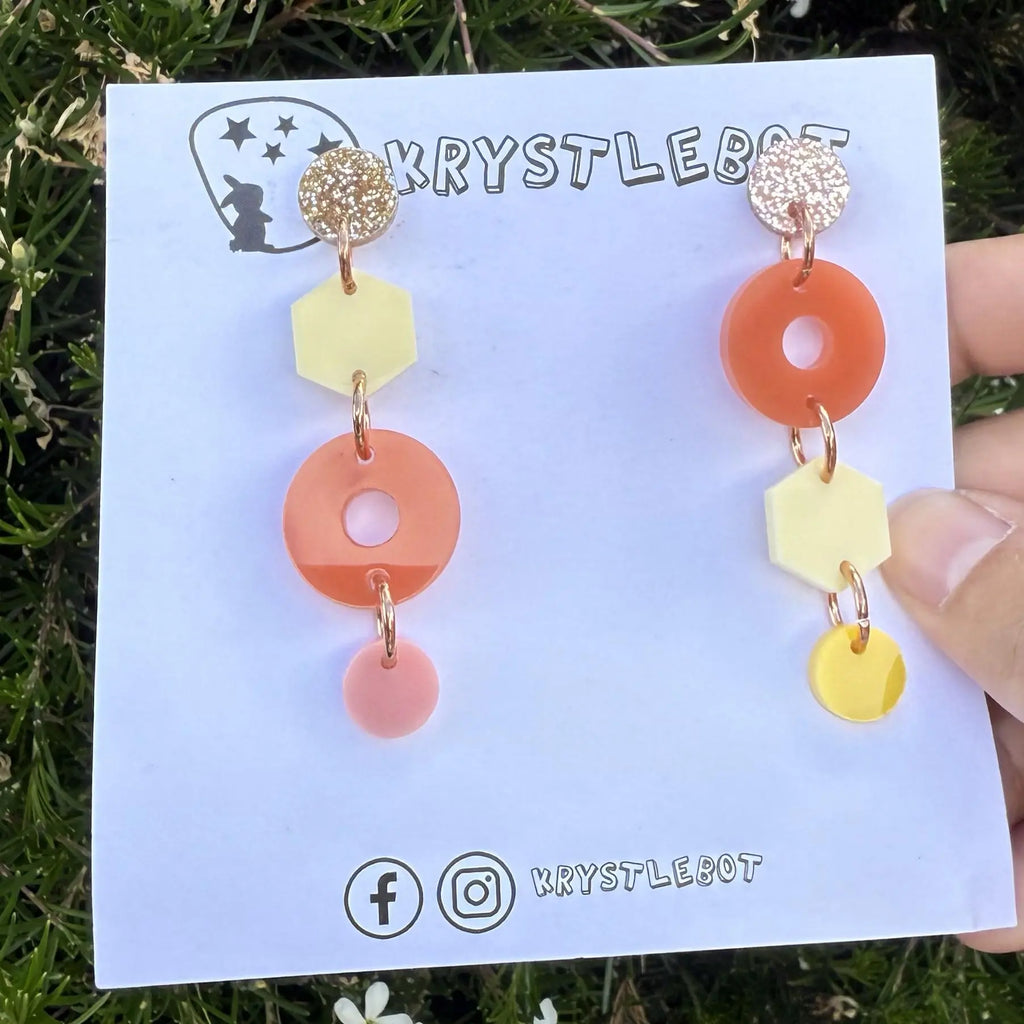 Orange and yellow mismatched shape dangles, mini heart dangles, acrylic earrings, teacher earrings, lightweight dangles