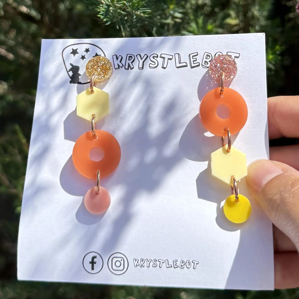 Orange and yellow mismatched shape dangles, mini heart dangles, acrylic earrings, teacher earrings, lightweight dangles