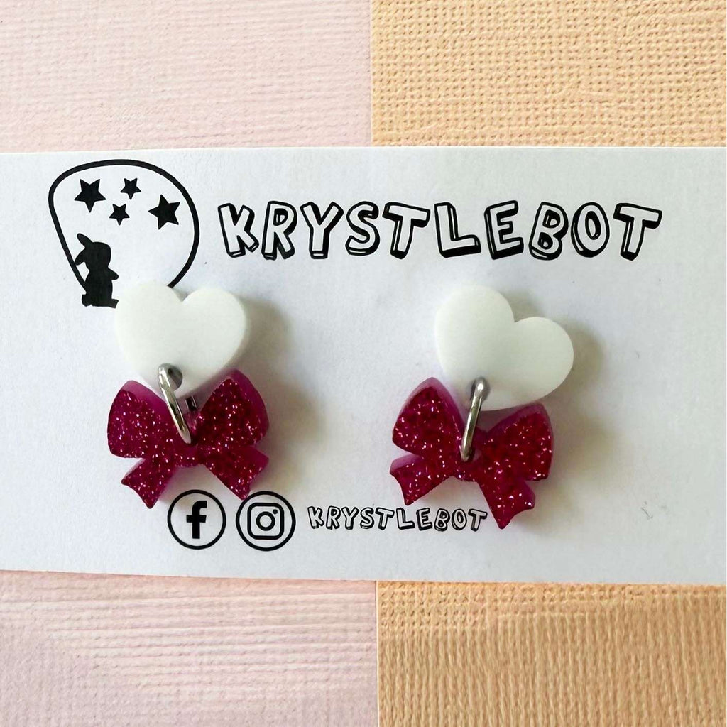 Pink bow inspired mini dangles, pink and white heart and mini bow round dangles, lightweight statement dangle