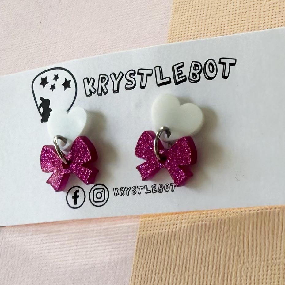 Pink bow inspired mini dangles, pink and white heart and mini bow round dangles, lightweight statement dangle